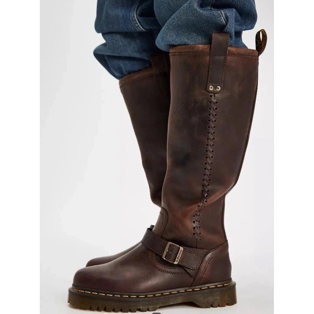 New Dr Martens Anistone Knee High Womens 11 Brown Leather Boots Free People $220